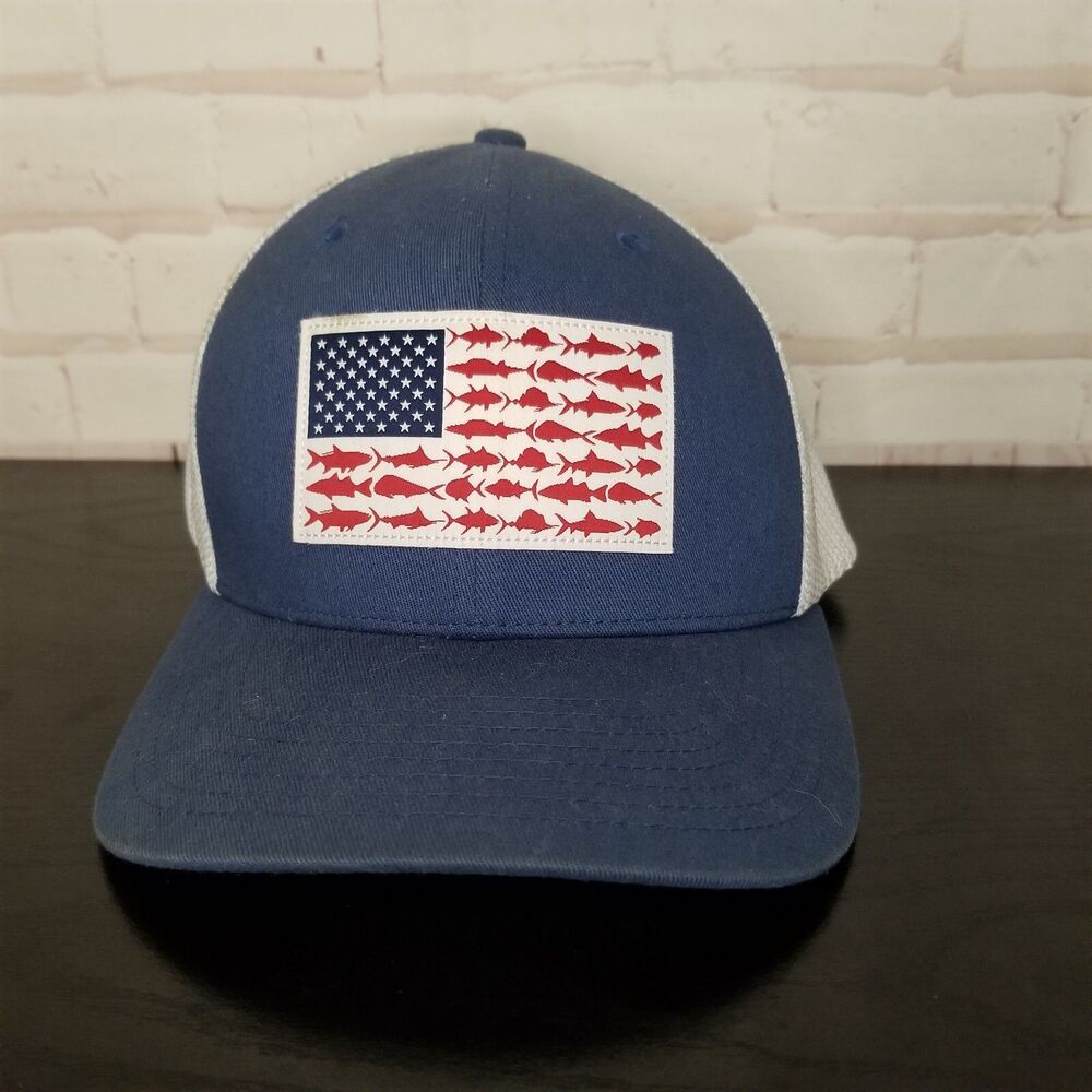 Columbia Cap Hat Snap Back S/M Blue Adjustable Patch Mesh Trucker Flag Outdoor